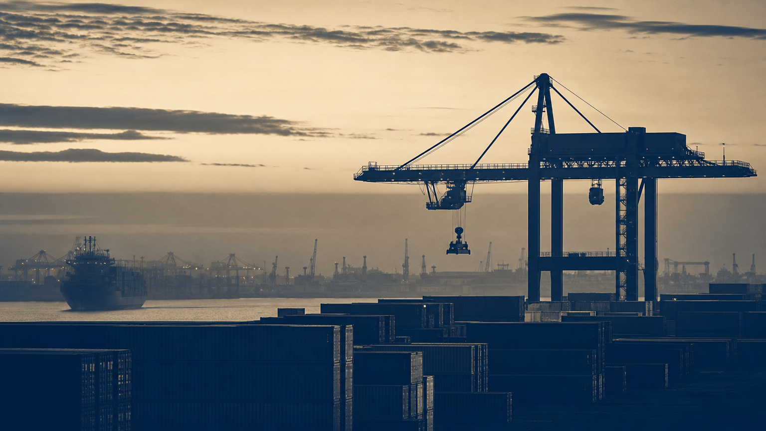 A container port at dusk, containers stacked under a gantry crane