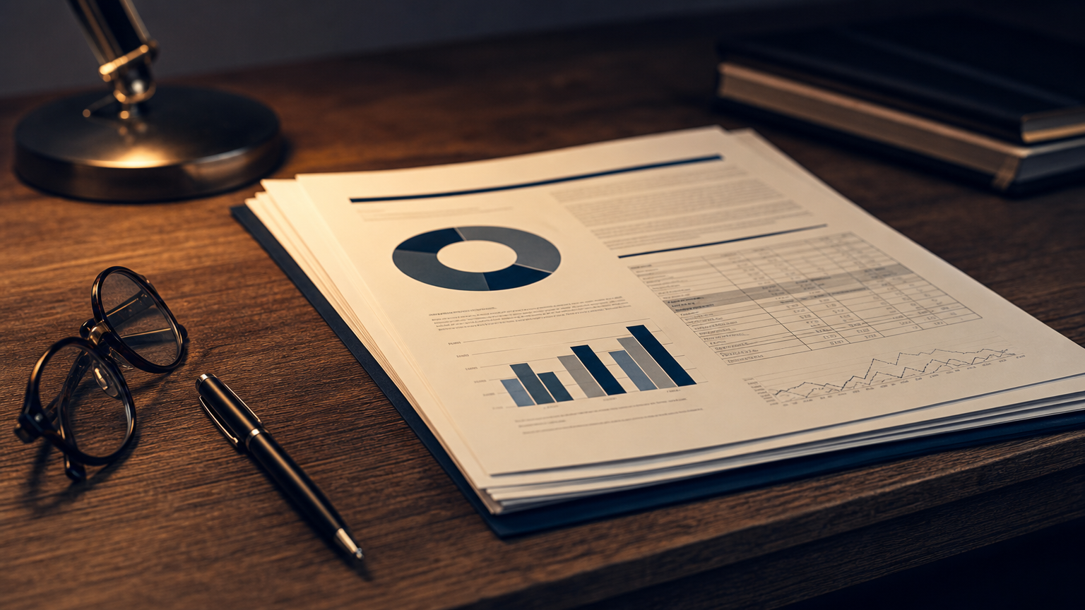 A printed due-diligence report on a desk beside reading glasses